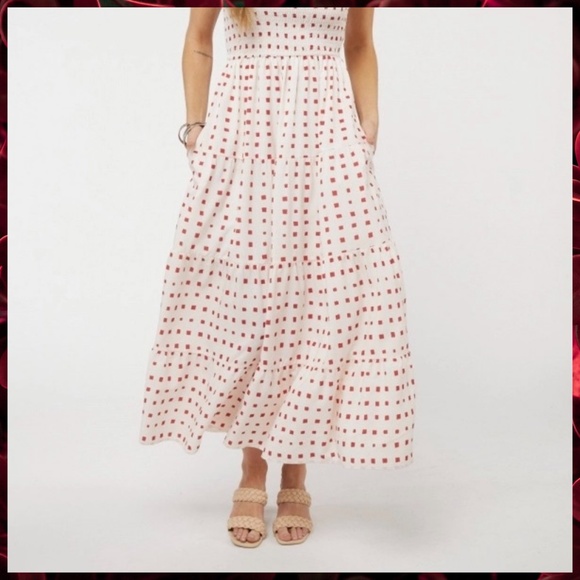 Lux Brand Lined Maxi Dress Smocked, Ruffled Tiers, Wide Shoulder Ties & Pockets - Picture 12 of 14